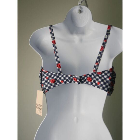 Unique Vintage Navy Gingham Ladybug Bikini Top L Swim Retro Pin-Up L - Picture 7 of 8